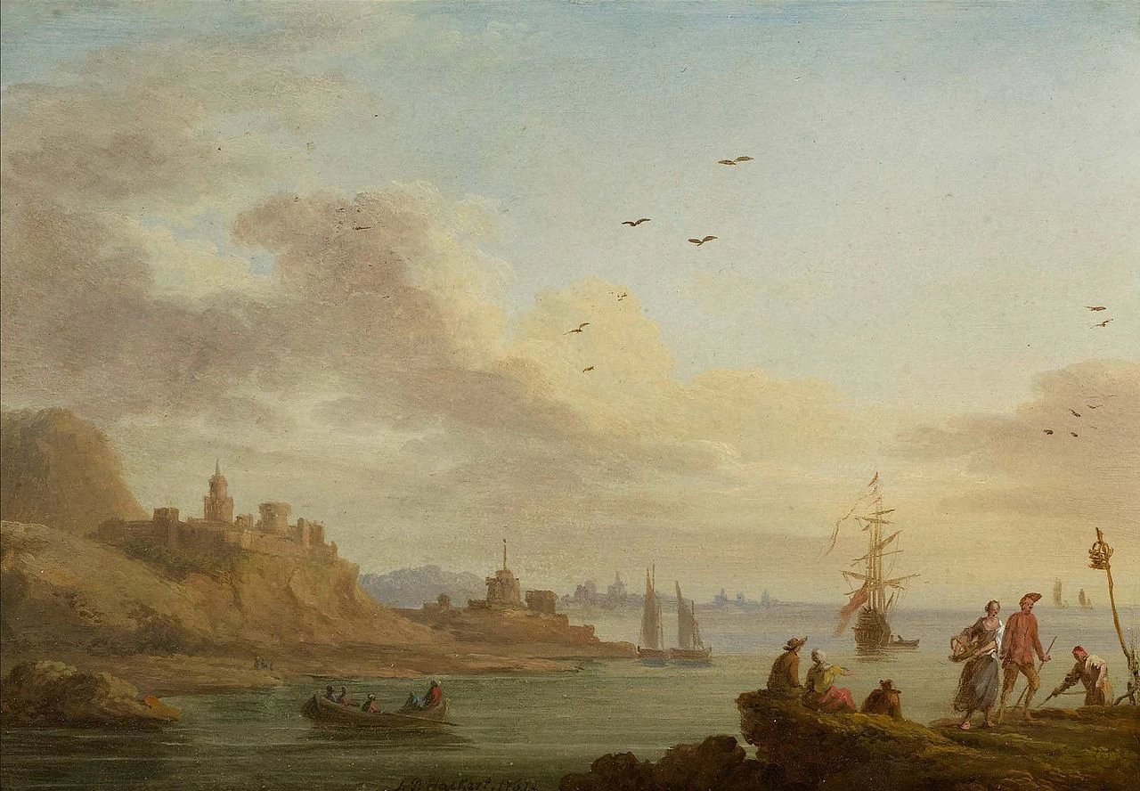 Pescatori sulla costa. A sinistra sullo sfondo c'è una fortezza su una roccia (1767)